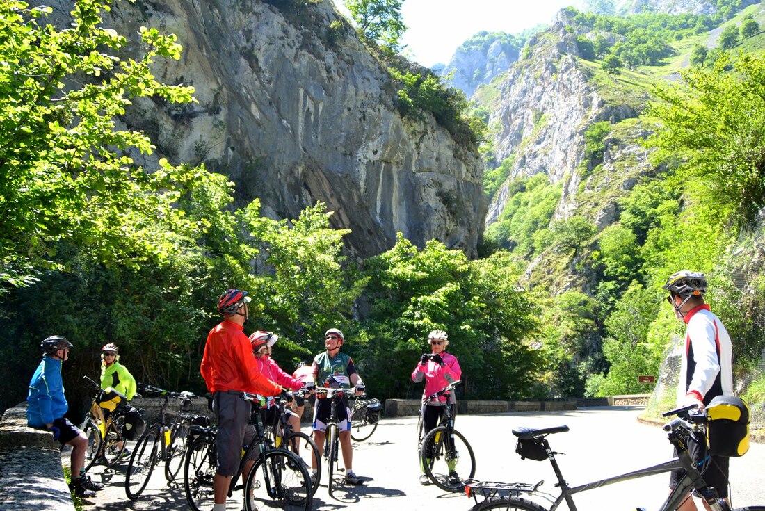 Group of cyclists on a self guided bike tour of the Picos de Europa in Spain